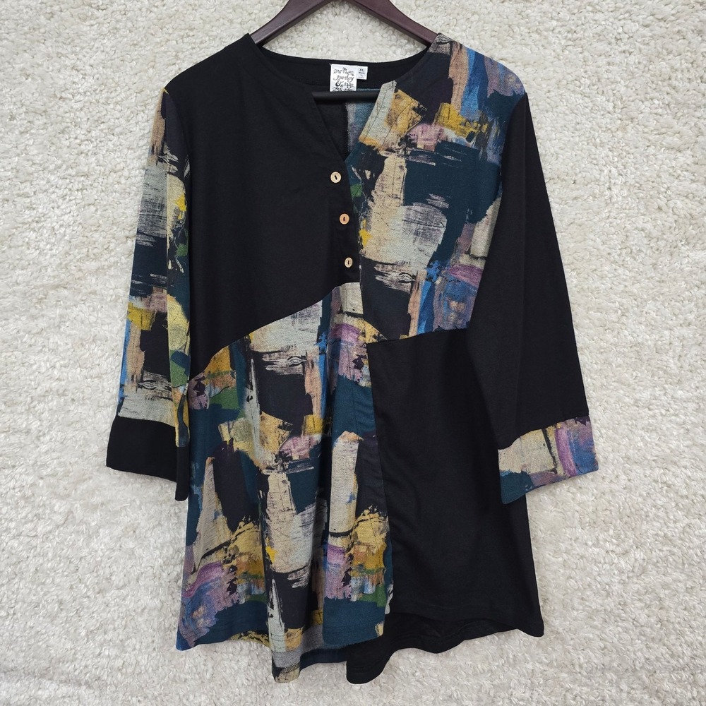 Parsley & Sage Tunic Womens XL‎ Black Abstract Panel 3/4 Sleeve Button Henley